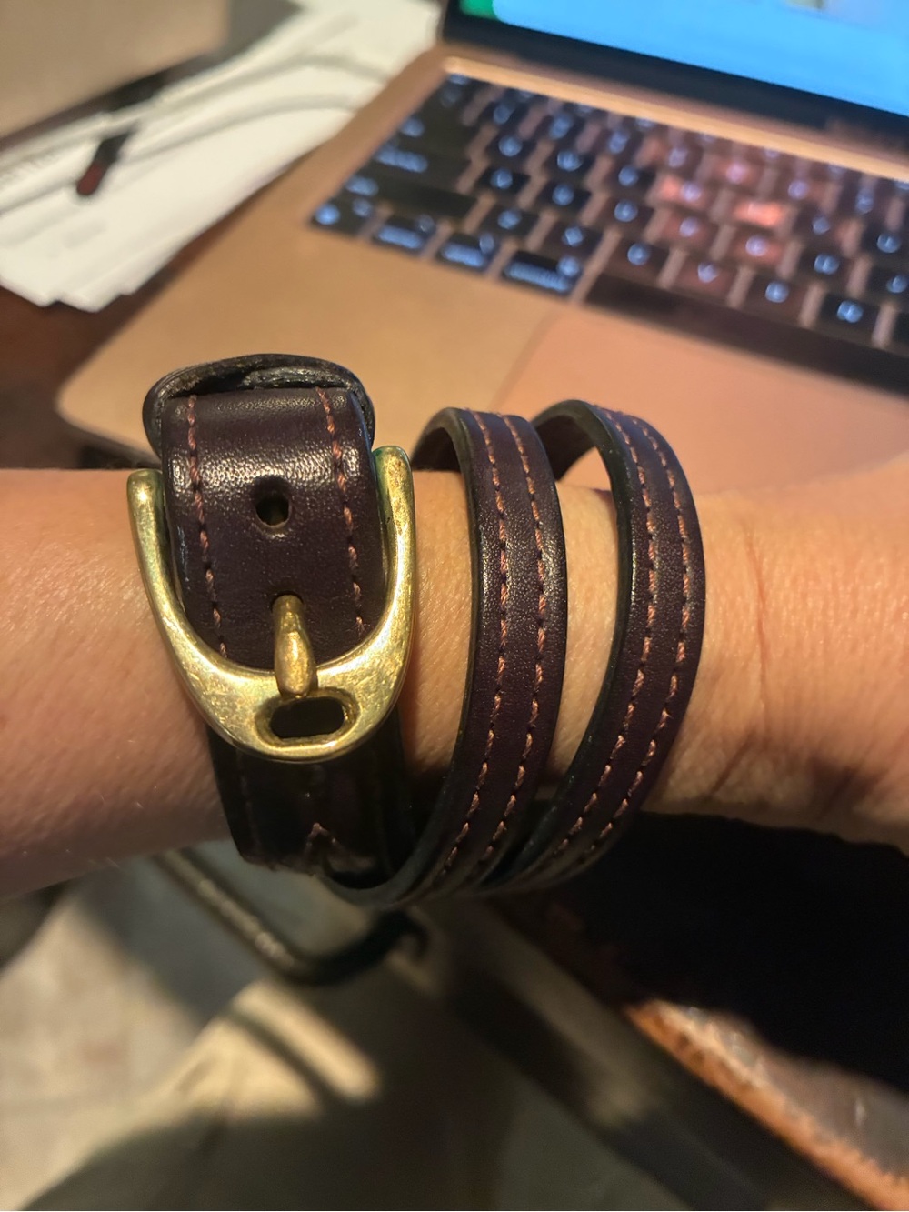 Leather Wrap Bracelet with English Stirrup Buckle - Brown